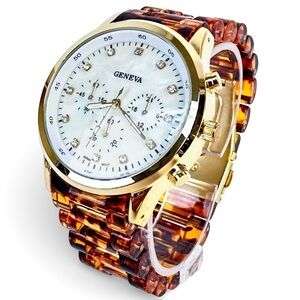 Geneva Gold Case Watch with Tortoiseshell Band and White Dial
